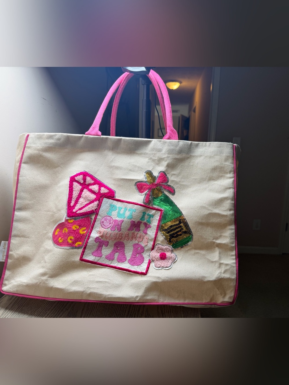 Cream Canvas Tote with Pink Handles and Sequin Graphic